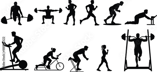 Silhouettes of gym and cardio exercises including running, squats, cycling, and machine workouts representing strength, endurance, and active lifestyle in vector format
