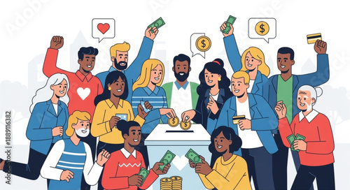 Diverse group of people celebrating and donating money together.