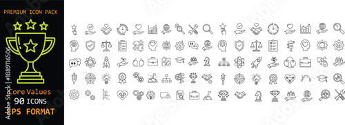 Core values line icon set. Business ethics, leadership, trust and achievement symbols. Editable stroke outline icons for corporate culture, success, motivation and strategy concepts.