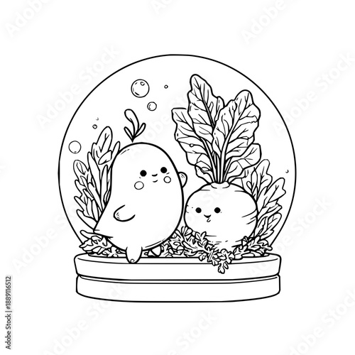 Smiling Vegetables in Snow Globe with Leaves