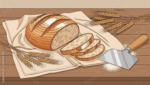 Freshly baked sourdough bread with wheat ears and knife on wooden table.