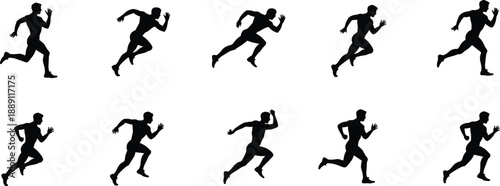 Silhouettes of runner in motion sequence showing dynamic running phases, ideal for animation, sports biomechanics, fitness design, and human movement illustration.