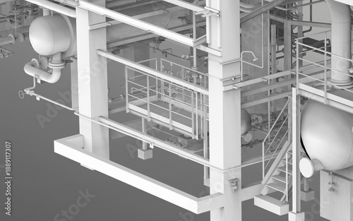 Industrial process plant piping and steel platform structure, monochrome 3D technical render