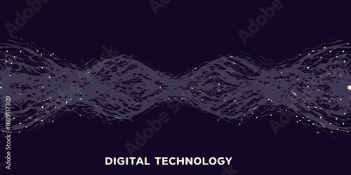 Abstract wave pattern with scattered particles and digital technology text