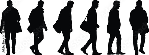 Silhouettes of walking man with shoulder bag in motion sequence, ideal for animation, human movement study, gait analysis, and urban lifestyle illustration.