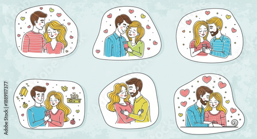 Couple Embrace Romantic Love Heart Illustrations Set.