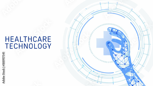 Healthcare technology concept with a robotic hand and circular interface