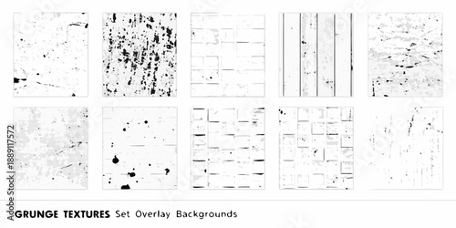 Collection of nine black and white grunge textures and overlay backgrounds