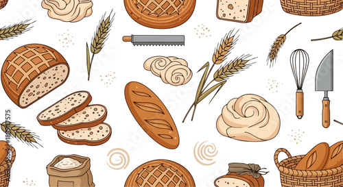 Seamless pattern with various freshly baked bread pastries and baking tools.