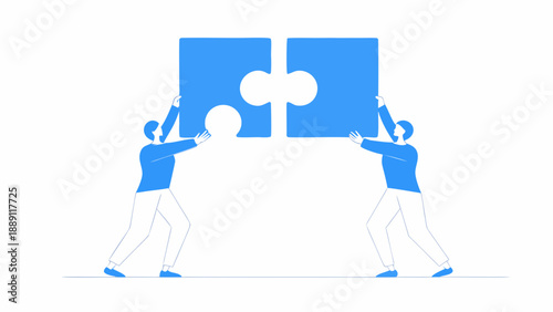 Two figures collaborate to connect large blue puzzle pieces together