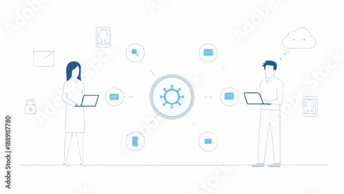 People collaborating digitally with interconnected devices and cloud technology