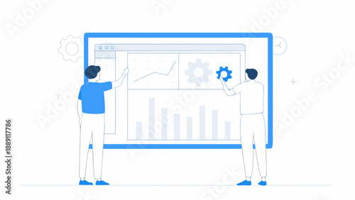 Two people collaborating on data analysis and system settings within a large screen