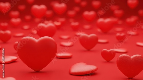 Many red 3d hearts floating over scarlet romantic background