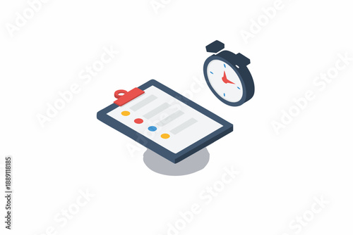 Isometric illustration of a checklist and stopwatch representing time management