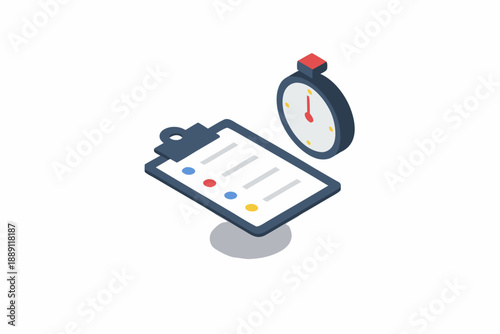 Isometric view of a stopwatch and clipboard with checklist items