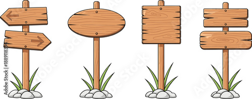 Hand drawn wooden signboard icons set with blank direction boards, rustic street signs, and outdoor guideposts