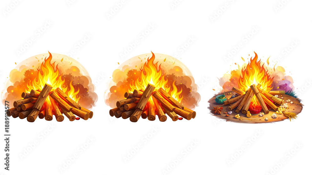 Obraz premium Indian Festival Bonfire Scene for Lohri and Holika Dahan, Transparent Background Asset
