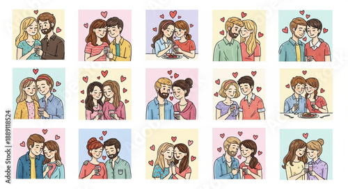 Couple Illustrations Romantic Love Hearts Valentines Day.