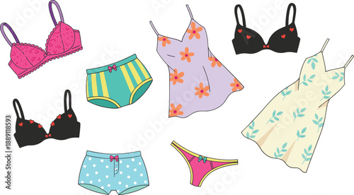Women lingerie and sleepwear illustration set, bra panties slips nightwear collection, colorful fashion vector flat design