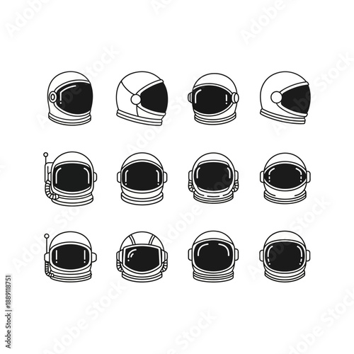 A collection of twelve different astronaut helmets illustrated in a simple line art style on a white background.