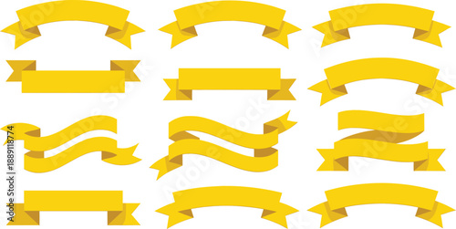 Hand drawn yellow ribbon banner icons set with curved labels and decorative award scroll elements for design templates