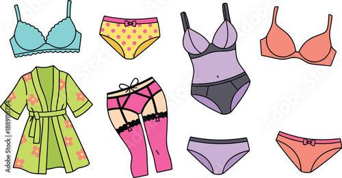 Women lingerie illustration collection, bra panties bodysuit robe garter stockings colorful underwear fashion vector flat design