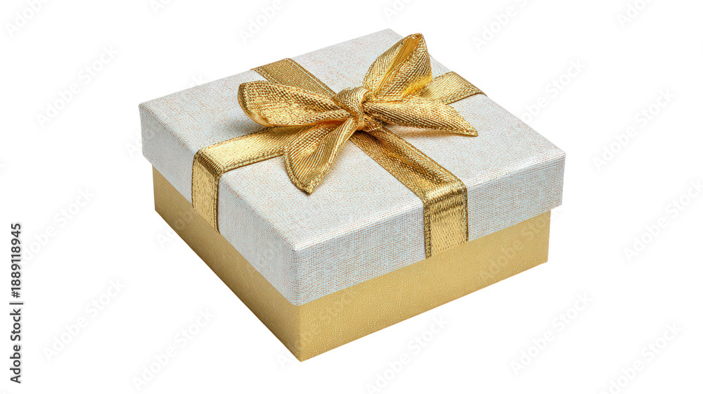 Obraz premium Square gift box for present white and gold color with gold ribbon bow isolated on transparent background surprise package cardboard birthday decoration