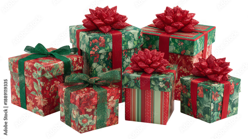 Obraz premium Stacked christmas gifts with elegant flower pattern wrapping and glitter ribbon bows on neutral background presents a festive holiday mood