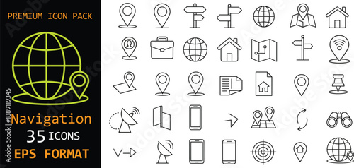 Navigation and location line icons set. Map, GPS, and direction symbols. Editable stroke EPS icons for mobile apps, travel, logistics, and UI design projects.