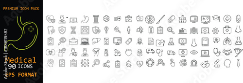 Premium medical and healthcare line icon set. Hospital, doctor, patient and diagnosis symbols. Editable stroke outline icons for medical apps, websites, UI and health design.