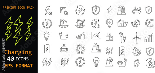 Premium charging and energy line icon set. Electricity, power, battery and renewable energy symbols. Editable stroke outline icons for apps, websites, UI and technology design.