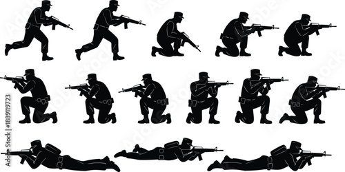 Military, soldier, silhouettes, combat, tactical, poses, armed, rifle, infantry, training, warfare, defense, security, motion, illustration, cad, drawing, flat, vector, artwork