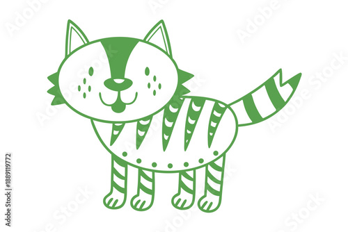 Green cartoon kitty with stripes smiles cheerfully on a white isolated background
