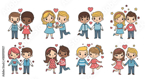 Cute Cartoon Couples Holding Hands Diverse Representation.