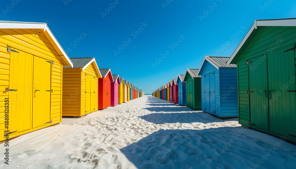 Naklejka premium Scenic view of a colorful arctic village with small wooden houses, snow, icebergs and blue ocean