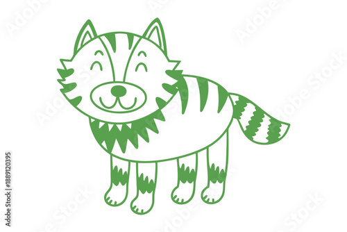 Green striped cartoon feline presents a smiley face and a bushy raccoon style tail