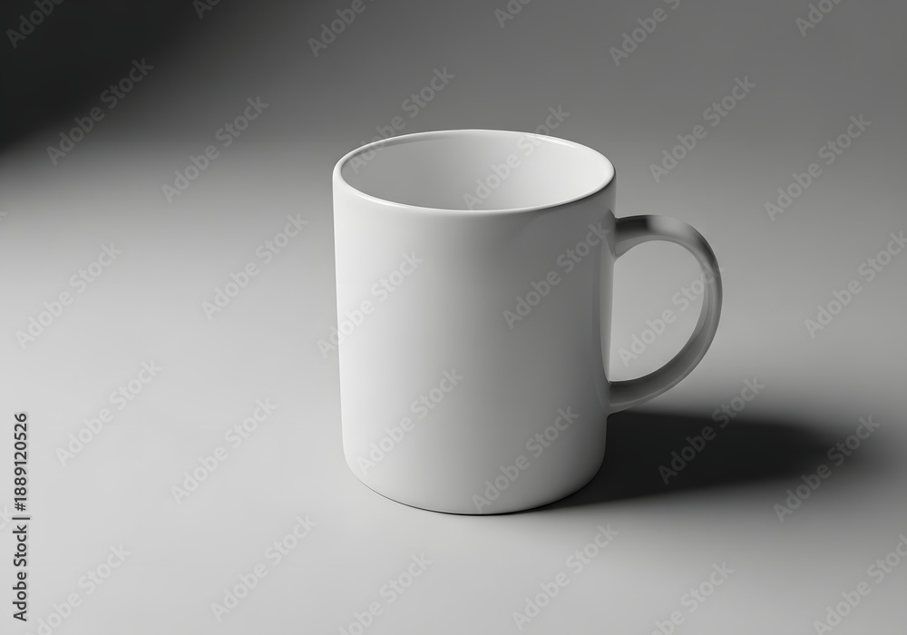 Fototapeta premium Clean white ceramic mug with handle casting a subtle shadow on a neutral surface