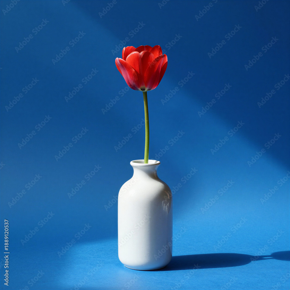 Obraz premium Bright minimalist spring scene with single tulip in simple vase against vivid background