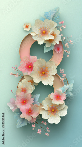 Paper cut number eight with cherry blossom and sakura flowers on teal background, women’s day greeting