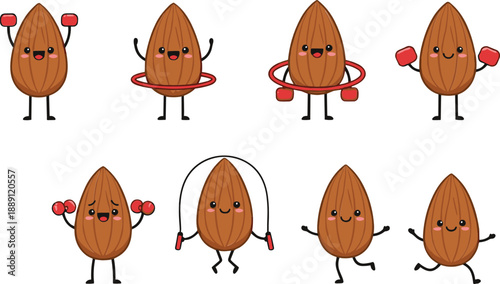 Set of cute almond fitness characters vector illustration, funny cartoon nut mascots doing sports exercises for healthy lifestyle design