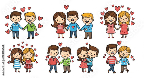 Cute Couples Holding Hands Surrounded by Hearts.