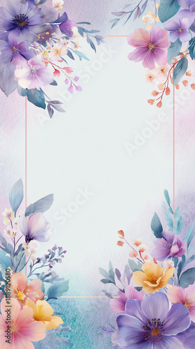 Watercolor floral frame with peony, anemone and lavender on soft white background, elegant copy space