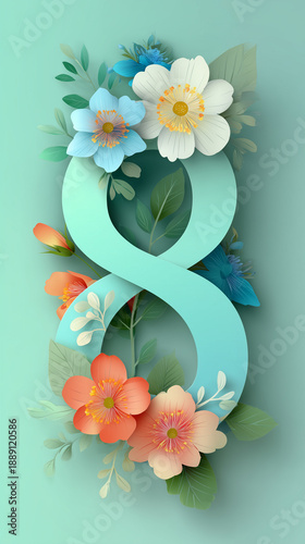 Paper cut number eight with daisies and poppies on mint background, women’s day floral greeting