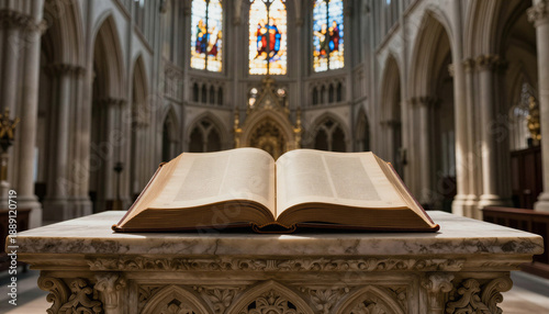 Open Bible on altar in cathedral with stained glass windows background