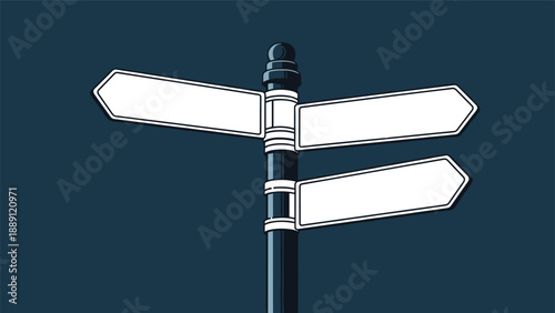Blank three-way directional sign post stands against a dark background offering space for customizable text or locations to travel.