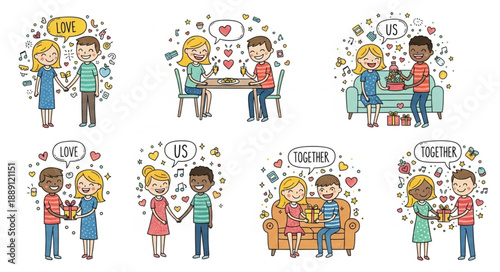 Diverse Couples Celebrating Love and Relationships with Cute Illustrations.