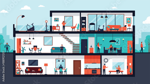 Complex cross-section of a multi-story apartment building depicts residents engaged in diverse activities such as working and dining.
