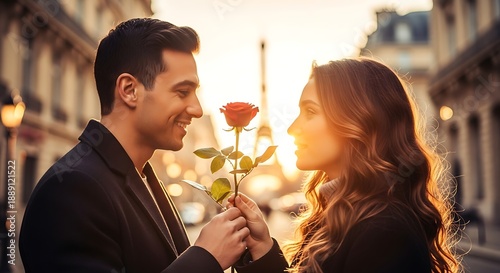 Romantic couple sharing tender moment with rose in Paris