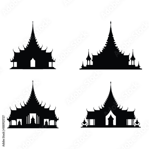 Black silhouettes of Thai temples with pointed roofs and spires white