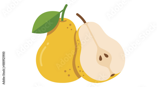 Pear Fruit Vector | Whole Yellow Pear with Leaf and Sliced Half Showing Seeds | Healthy Food Illustration for Cooking, Nutrition, Education, Art, and Creative Design